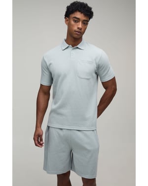 Regular Fit Waffle Button Neck Pocket Polo & Shorts Set