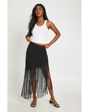 Linen Tassle Trim Asymmetric Skirt