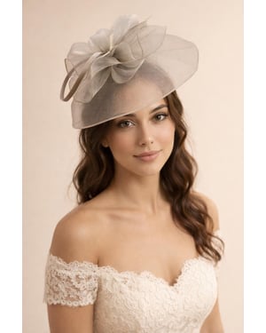 Large Double Layer Floral Feather Fascinator in Grey