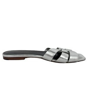 Saint Laurent Tribute Woven Metallic Slides in Silver Leather