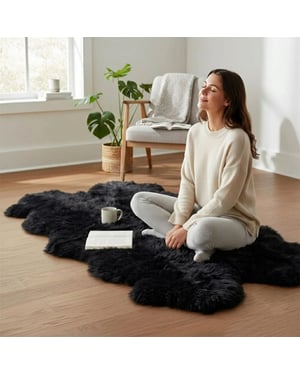 Äkta fårskinnssvart fyrhjulsmatta Naturlig, fluffig silkeslen, mjuk riktig ullmatta