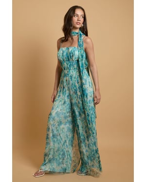 Corset Detail Pleated Mesh Jumpsuit