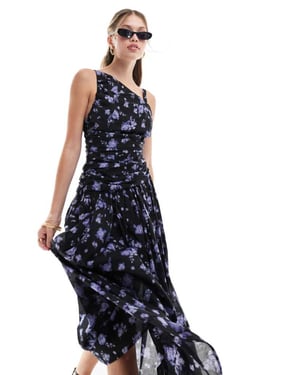 ASOS DESIGN asymmetrisk korsrem midi klänning i mörk blommönster