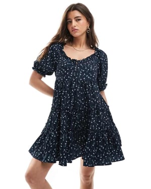 Daisy Street smock tiered mini dress in navy floral