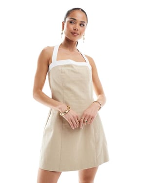 4th & Reckless linen look contrast edge halterneck mini dress in beige