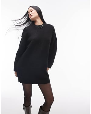 Topshop knitted oversized crew mini dress with exposed seam detail in black