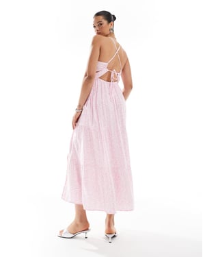 Hollister öppen rygg maxiklänning med hög slits i rosa blommönster
