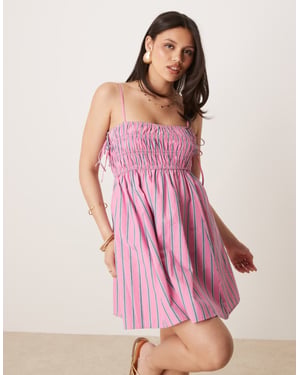 Abercrombie & Fitch babydoll smockad poplin maxi klänning i rosa och blå ränder