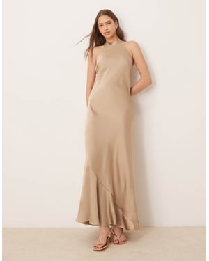 Vila slät satin halterneck maxiklänning i beige