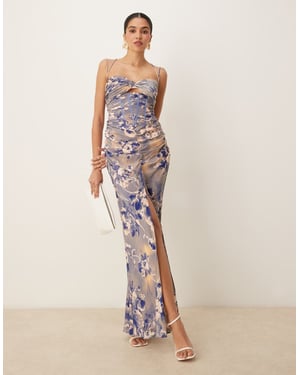 ASOS DESIGN draperad korsettsmaxiklänning med volangkjol och remmdetaljer i blå blommönster