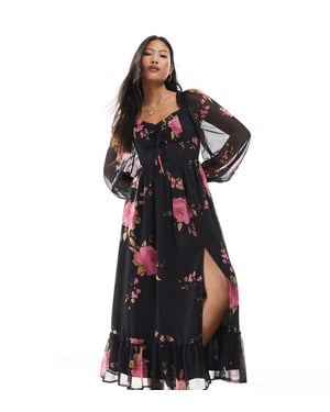 Miss Selfridge Petite långärmad maxiklänning med korsett detaljer i rosenmönster