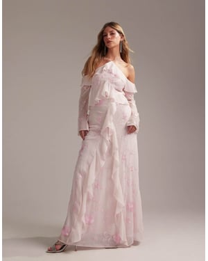 ASOS DESIGN Brudtärneklänning med volanger och kall axel i mjuk rosa