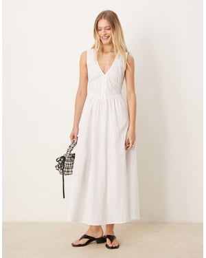 ASOS DESIGN v-ringad midiklänning med midjeband och knappar i off white