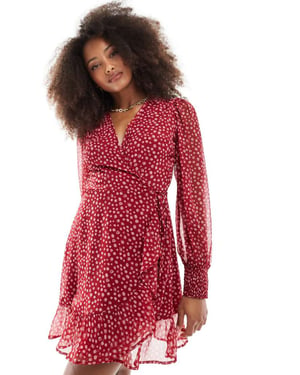 Wednesday's Girl smudge spot ruffle wrap mini dress in cherry red