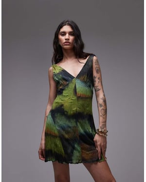 Topshop krinklad mesh v-ringad flippig mini-klänning i flerfärgad