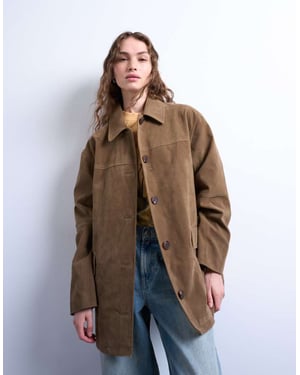Topshop boxig midilång högslitning av konstläderjacka i brunt