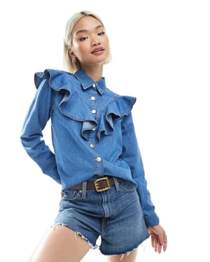 Miss Selfridge chambray västern frill jacka i medelblå tvätt