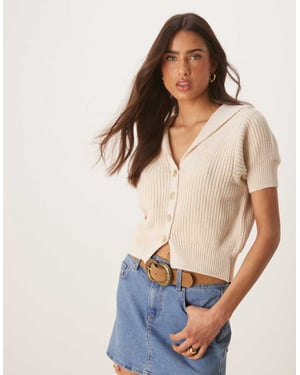 ASOS DESIGN stickad strukturkrage kortärmad cardigan med guldfärgade knappar i cream