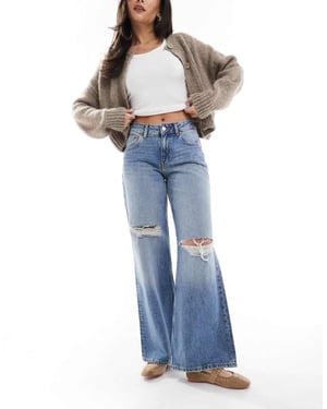 Dr Denim Rhue låghöga vida flare jeans med rivningar i stream sky fade tvätt