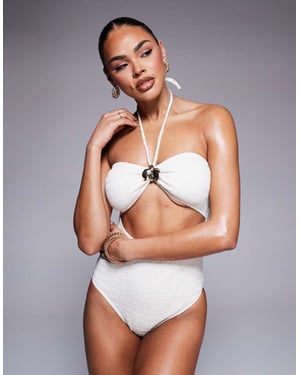 South Beach gold flower detail crinkle swimsuit in cream