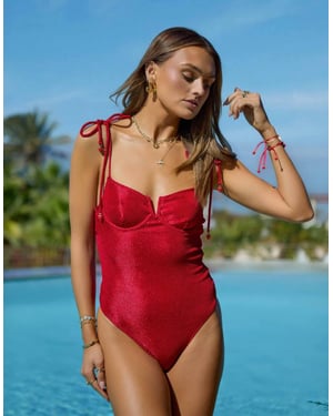 South Beach x Misha Grimes crinkle underwire swimsuit in cherry red