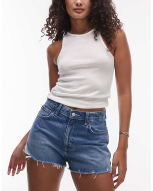 Topshop Hourglass denim A-linje mamma shorts med reva i mellanblå