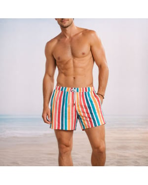 Classic swimshort in multicolour stripe with front tie pull string
