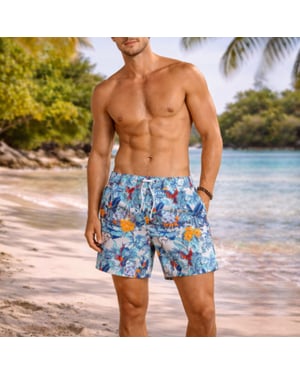 Classic swimshort hibiscus in multi tropical scene with back pocket