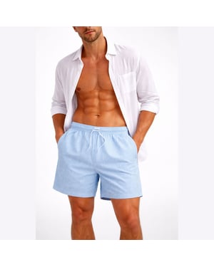 Seersucker swimshorts in blue and white fine stripe and front tie