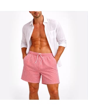 Seersucker swimshorts in rede and white fine stripe and front tie