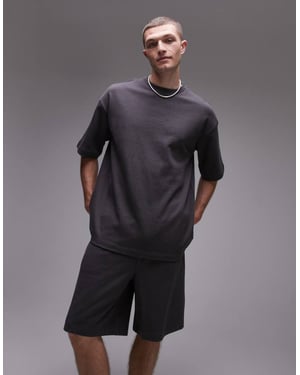 Topman avslappnad passform linneblandad kortärmad sweatshirt i kolgrått