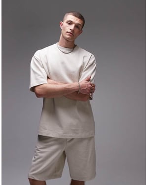 Topman avslappnad passform linneblandning kortärmad sweatshirt i stenfärg