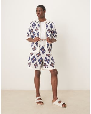 ASOS DESIGN överdimensionerade stickade shorts set med aztek-mönster i blått