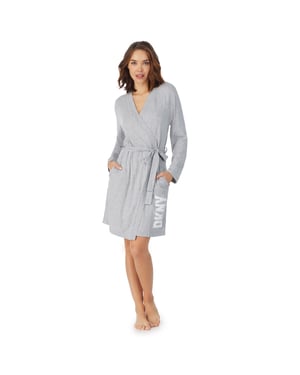 DKNY Cotton Logo Short Robe, Grey Marl