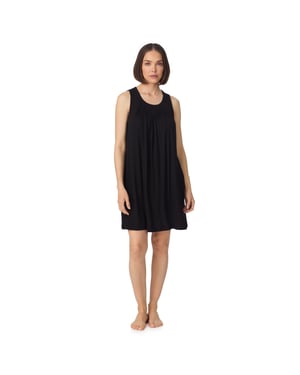 Sleeveless crew neck midi sleep tank chemise with pleats in black