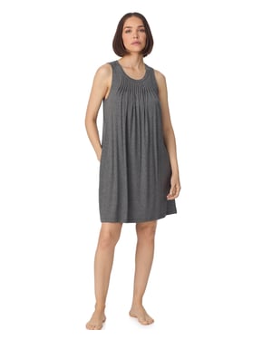 Sleeveless crew neck midi sleep tank chemise with pleats in grey