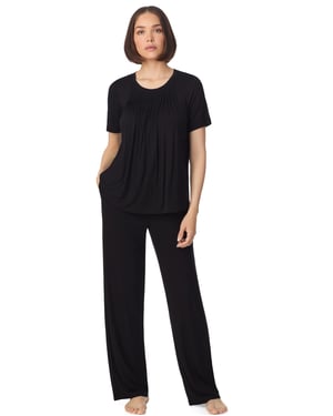 Short sleeve top and pant pyjama sleep set with pleats in black