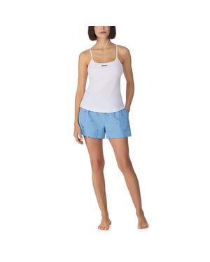 Cami with shelf bra and boxer sleep set in white and blue logo stripe