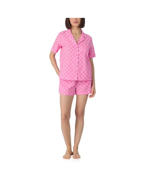 Short sleeve notch top and boxer sleep set in orchid pink logo