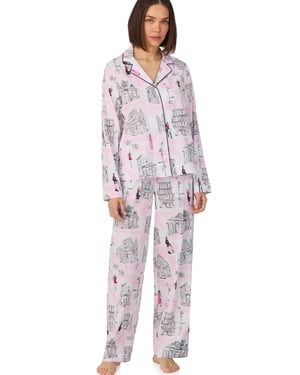 Long sleeve notch top and pant sleep set in white city print