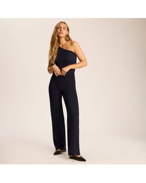 Neoprene wide leg pant with invisible stretch waistband in navy