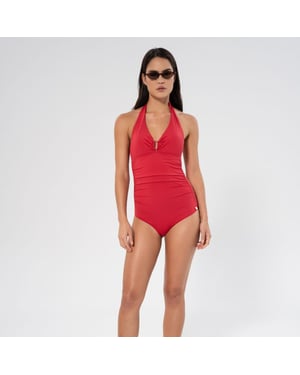Niovi solid swimsuit in lipstick red with halter tie and back latch