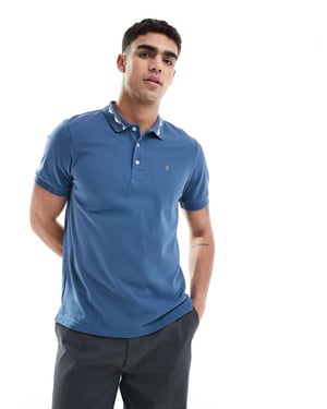 Farah Reeves kortärmad polo i blått med jacquardkrage