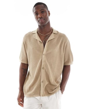 Jack & Jones oversized knäppt stickad polo i beige