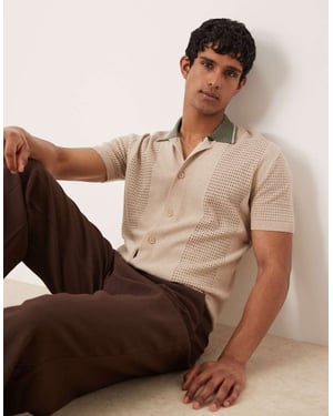 ASOS DESIGN avslappnad boxy knapp-up stickad polo med kontrasterande krage i beige
