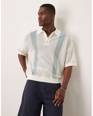 ASOS DESIGN oversized airtex-texturerad stickad polo i ecru med blå ränder