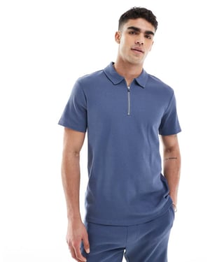 ONLY & SONS texturerad halvdragkedja polo-koord i indigoblå