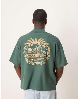 ASOS DESIGN tung boxy oversized våffelstrukturerad polo med palmgrafik i grön