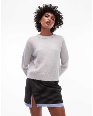 Topshop knitted crew with raglan and exposed seam jumper in light grey