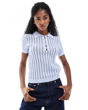 Monki knitted polo top with stitch detail in blue